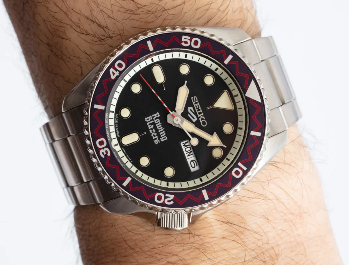 Seiko 5 Sports x Rowing Blazers watch models with checkered and zigzag bezels.