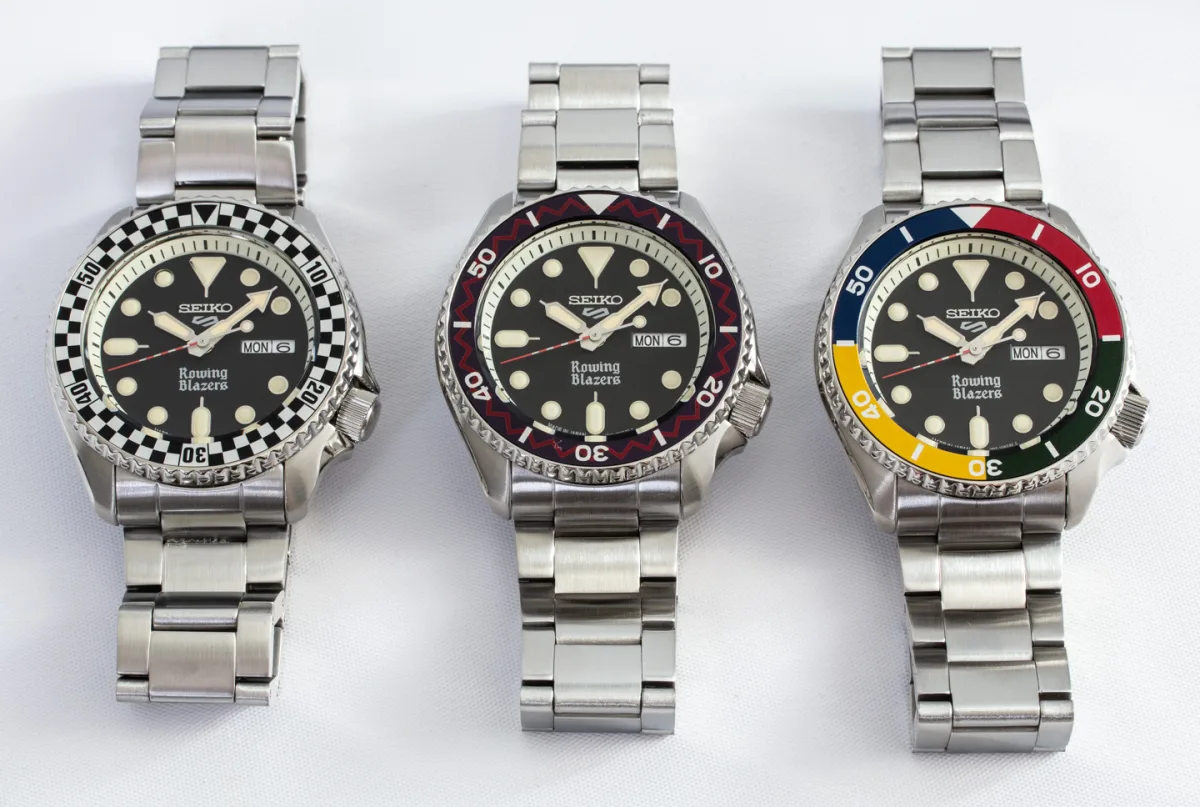 Mint-green NATO strap paired with Seiko 5 Sports x Rowing Blazers SPRG49 model.