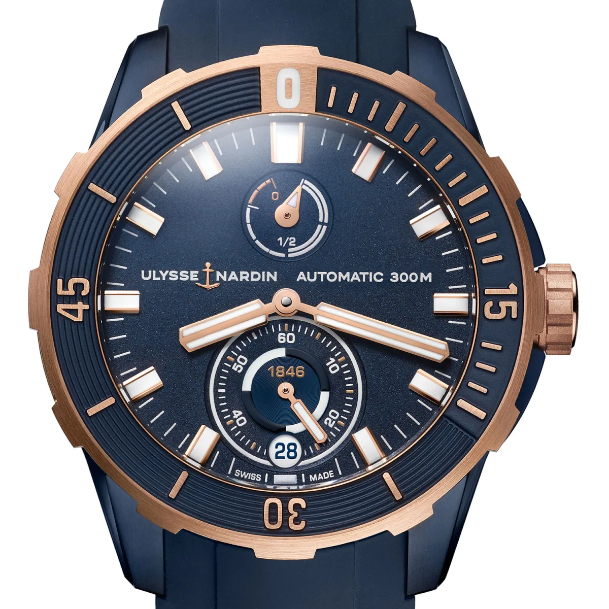Ulysse Nardin Diver Chronometer 44 mm watch with blue and rose gold design