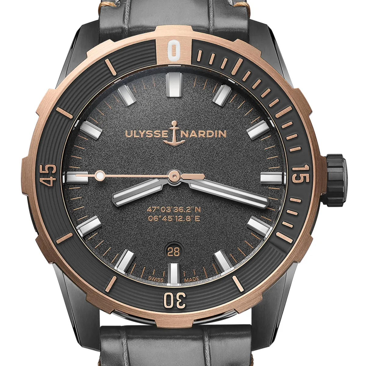 Ulysse Nardin Diver 42 mm watch with grey PVD and rose gold accents