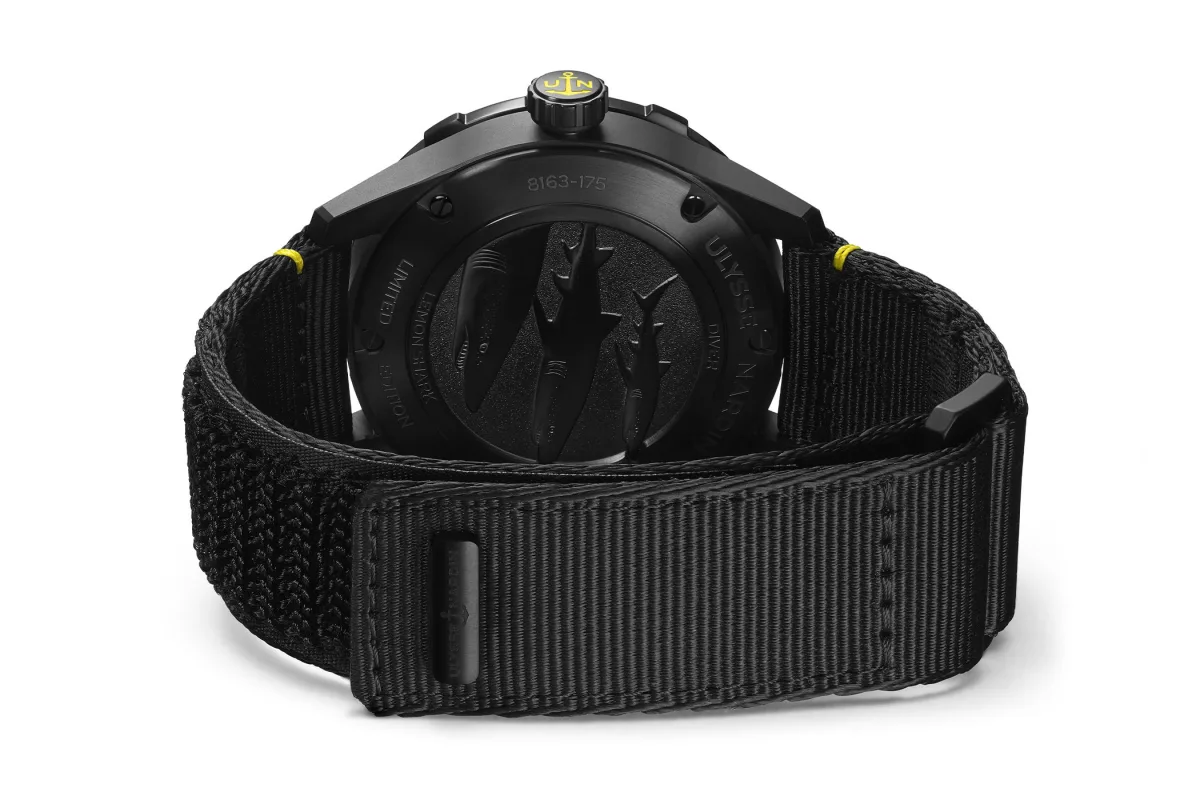 Back view of Ulysse Nardin Diver Lemon Shark with shark engraving
