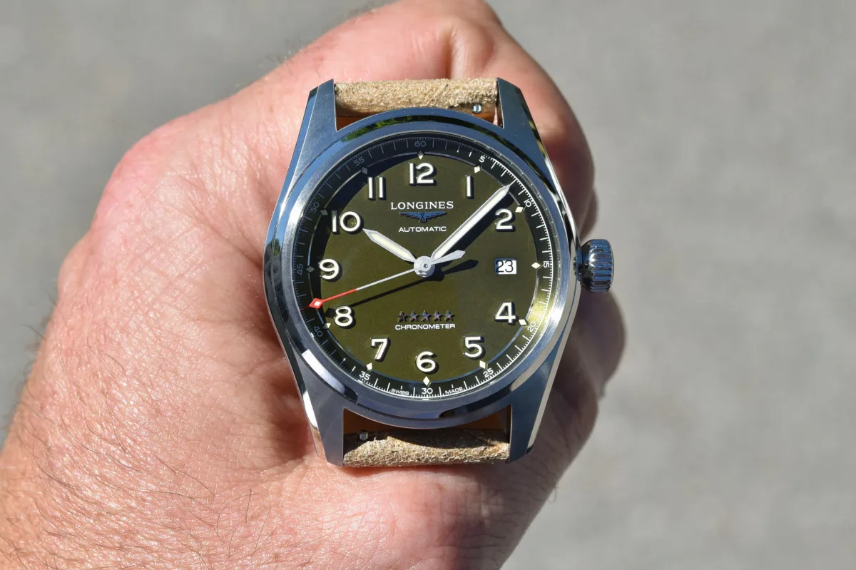 Longines Spirit Green Dial watch featuring a green khaki dial