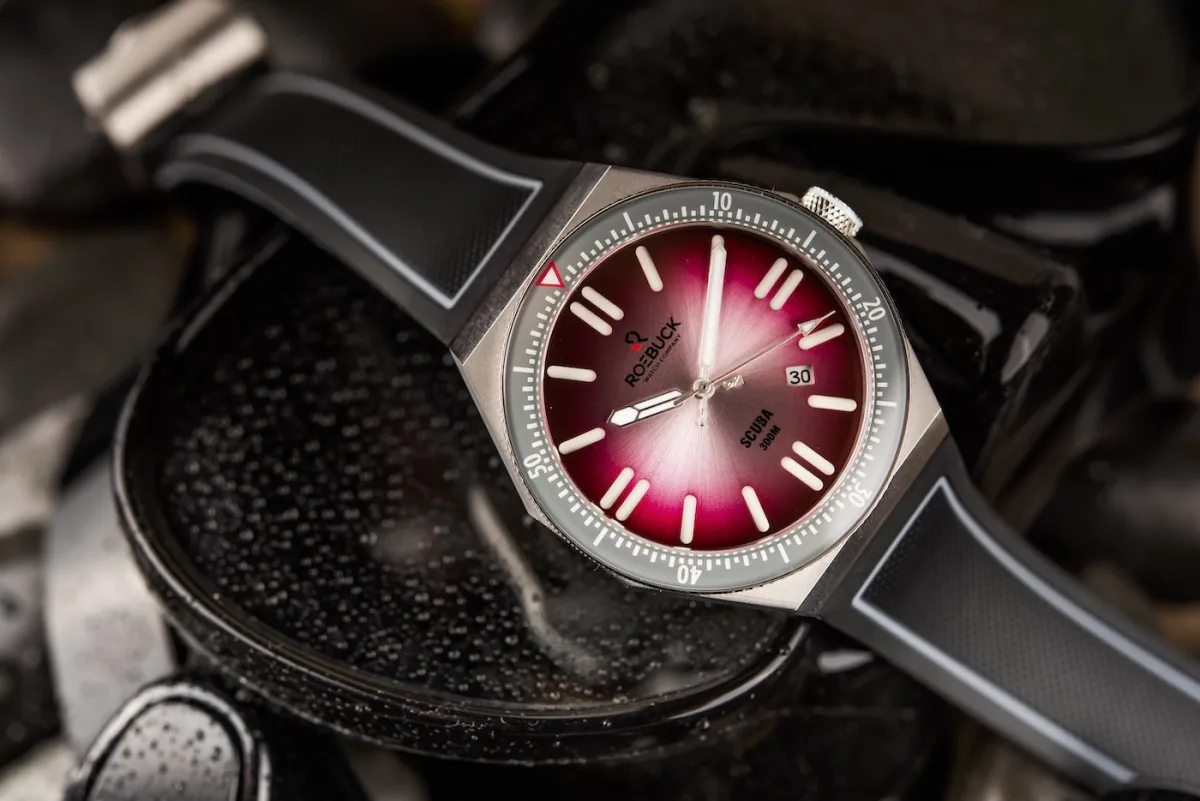 Octagonal case of Roebuck SCUBA watch