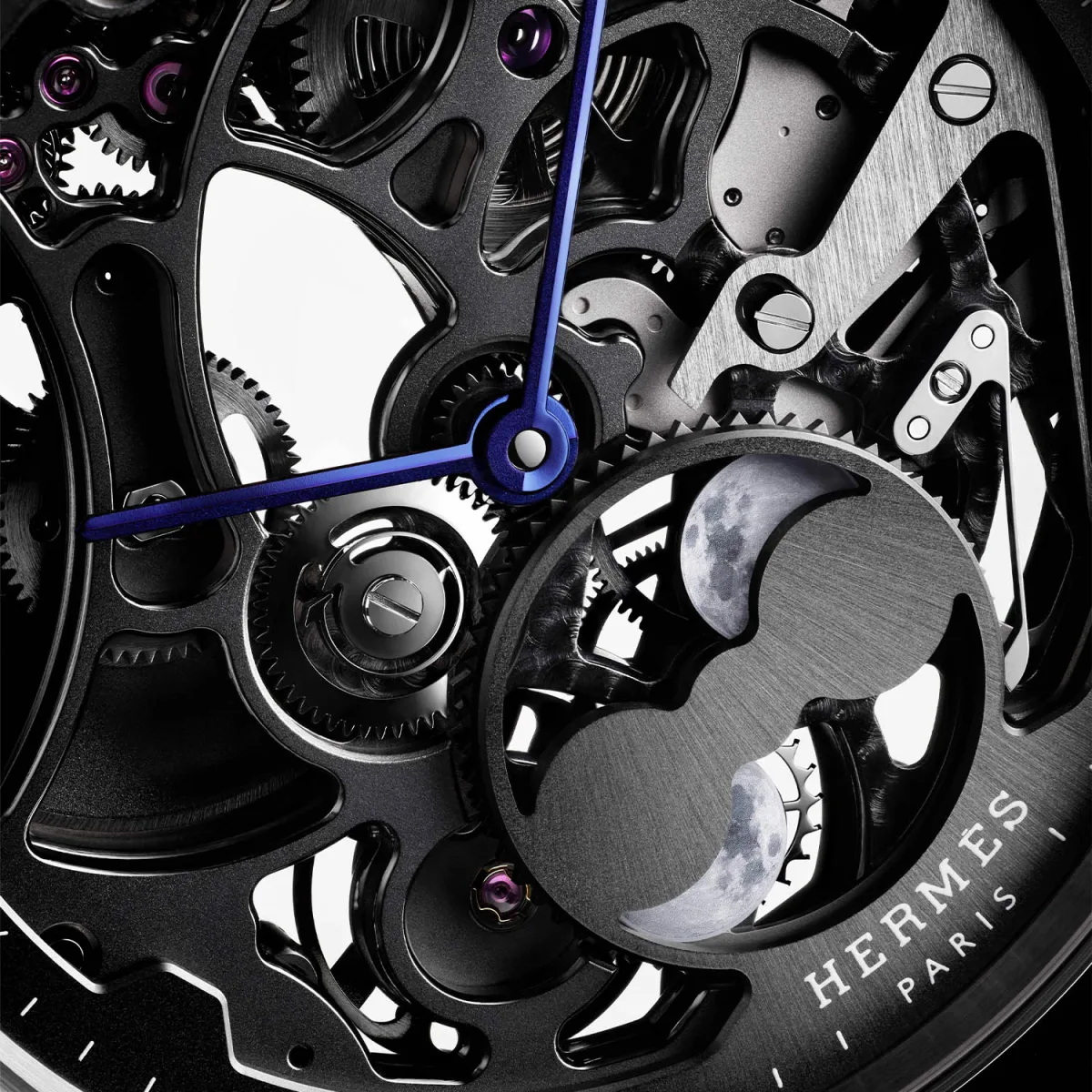 Slim d'Hermès Squelette Lune with blue PVD coated hands