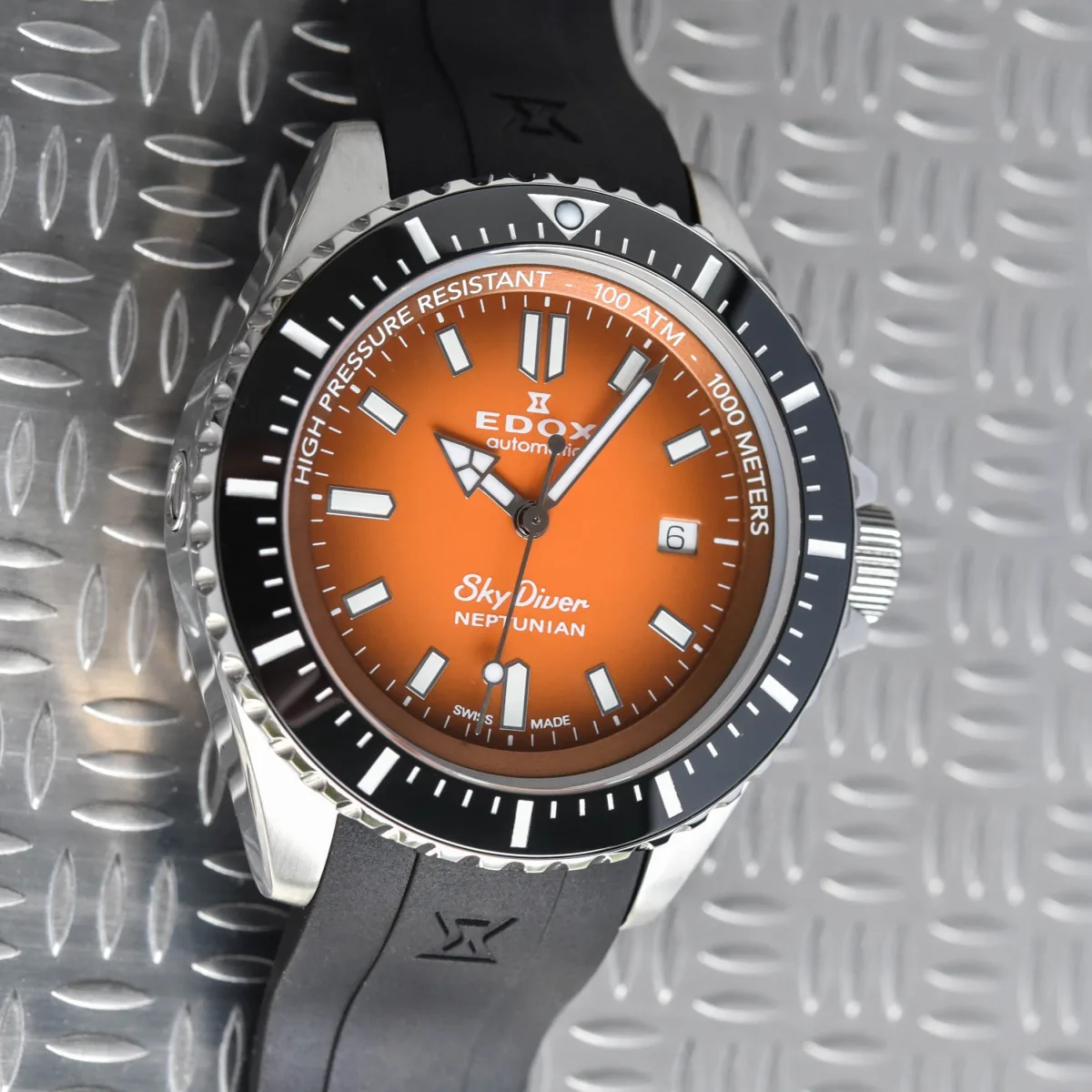 Edox SkyDiver Neptunian with Orange Dial close-up