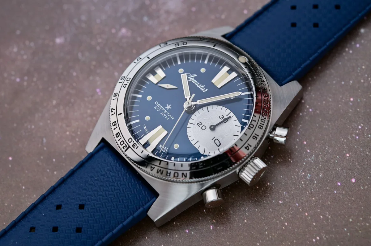 Aquastar Deepstar watches in blue, gray, and black