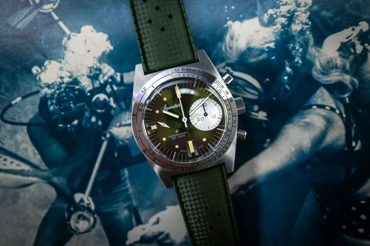 Close-up of Aquastar Deepstar Greenwich watch