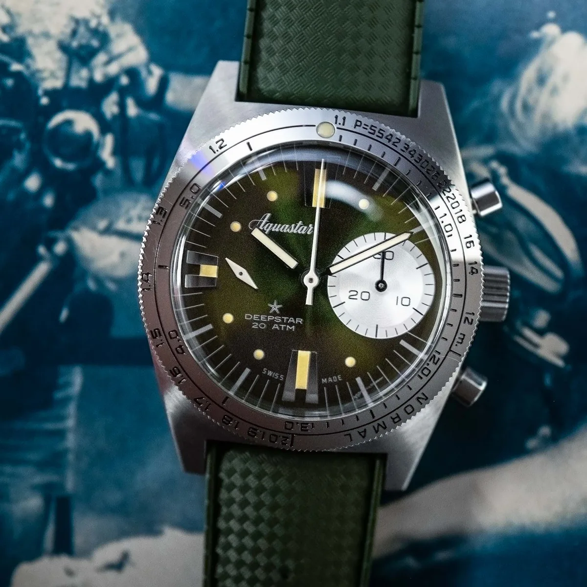 Aquastar Deepstar Greenwich watch on a green strap