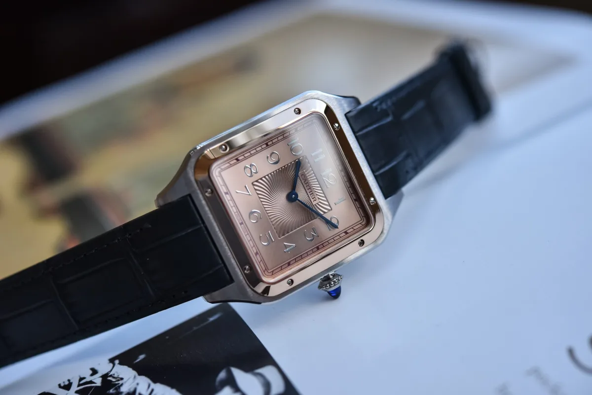 Close-up of Cartier Santos-Dumont XL's two-tone design