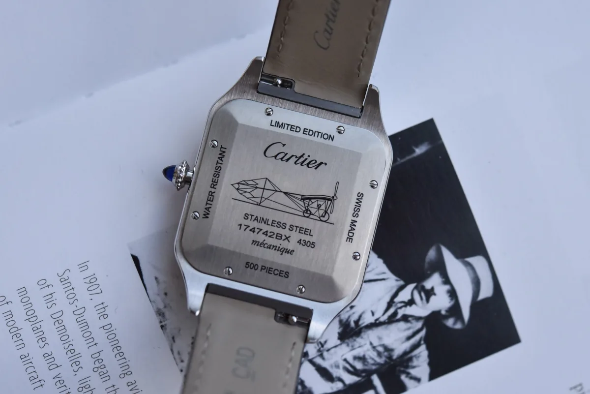 Back view of Cartier Santos-Dumont XL showing engraving