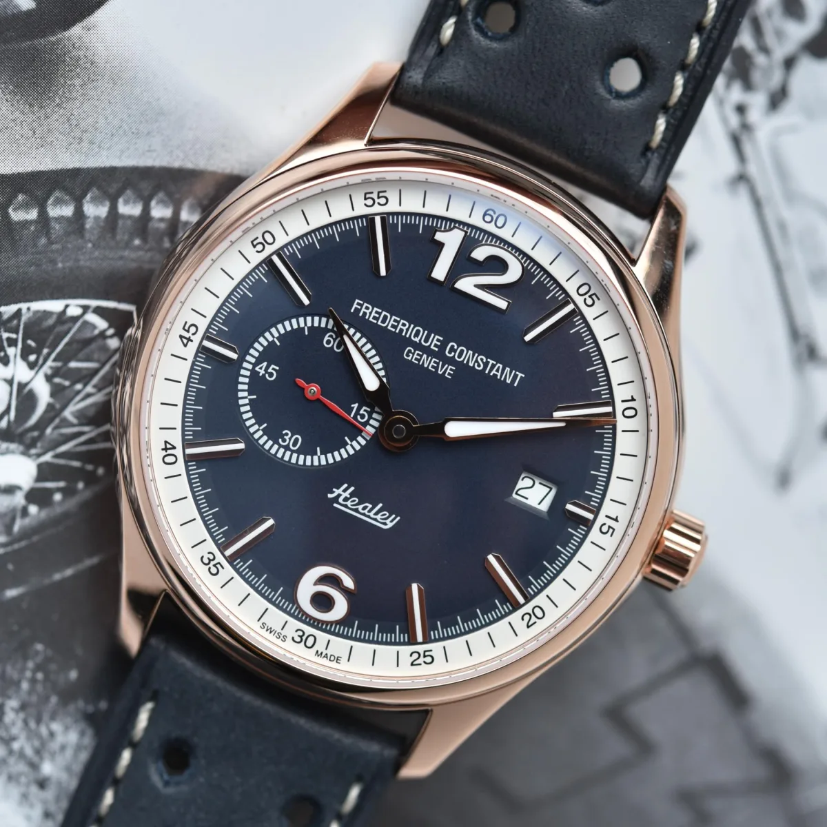 Frederique Constant watch with green dial and leather strap