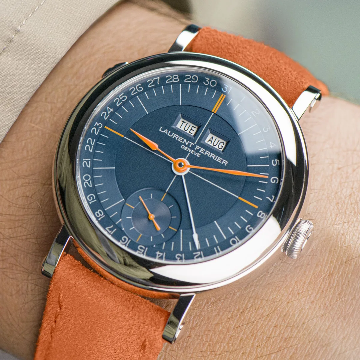 Laurent Ferrier Montre Ecole Annual Calendar Navy & Orange watch front view