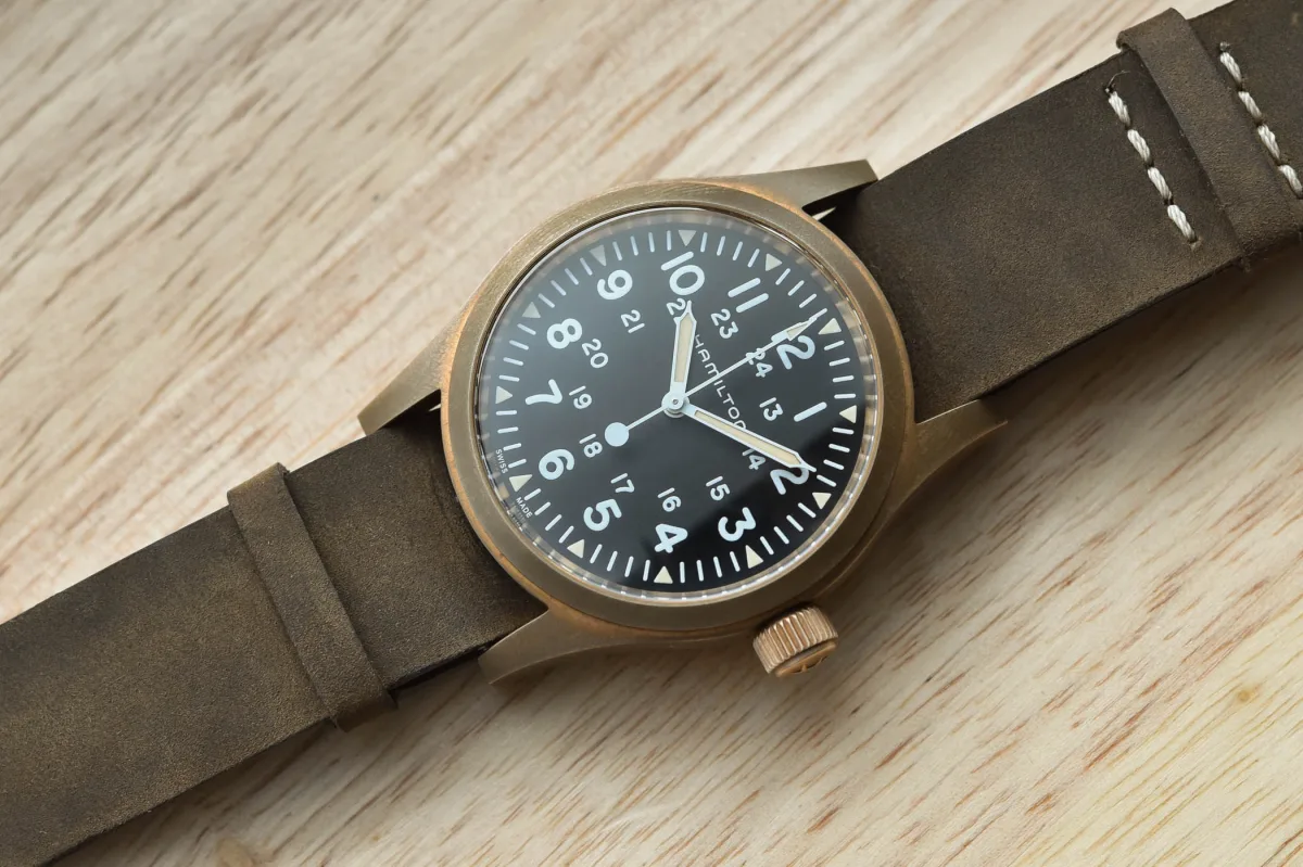 Hamilton Khaki Field Mechanical Bronze watch on display