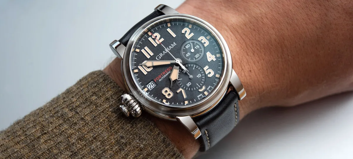 Graham Fortress watch side view showing crown and monopusher