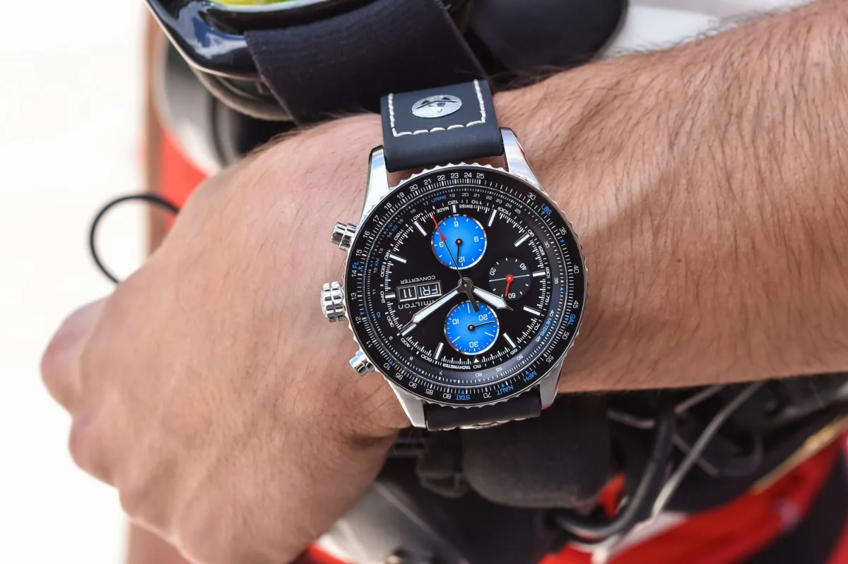 Close-up of the Hamilton Khaki Aviation Converter dial and bezel