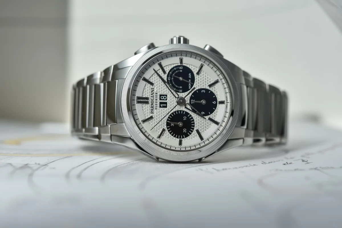 Close-up of Parmigiani Tondagraph GT Steel Panda case and bracelet