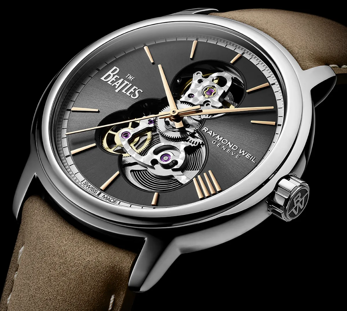 Close-up of the case and bezel of Raymond Weil Maestro The Beatles Let It Be