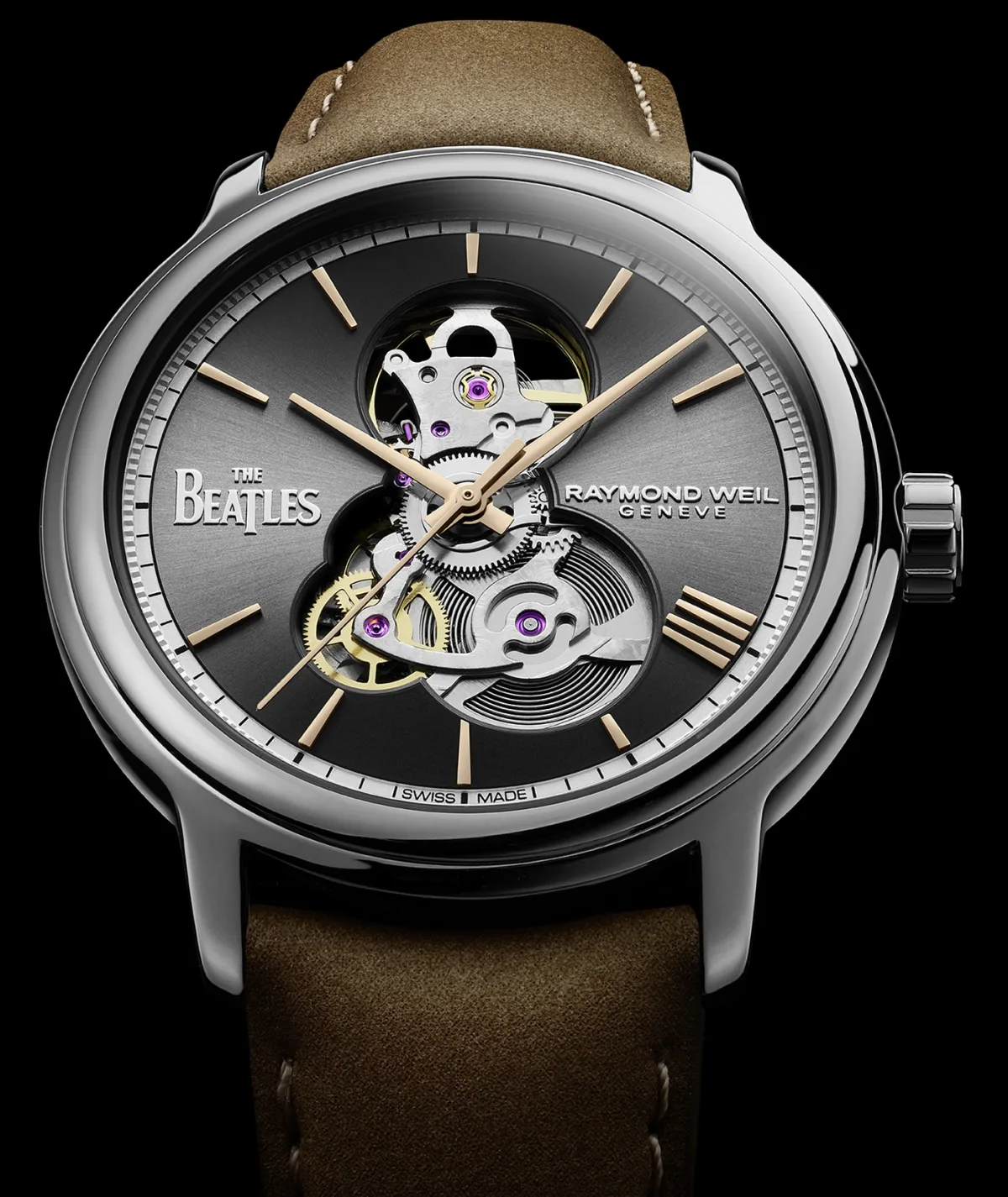 Skeletonized dial of Raymond Weil Maestro The Beatles Let It Be watch