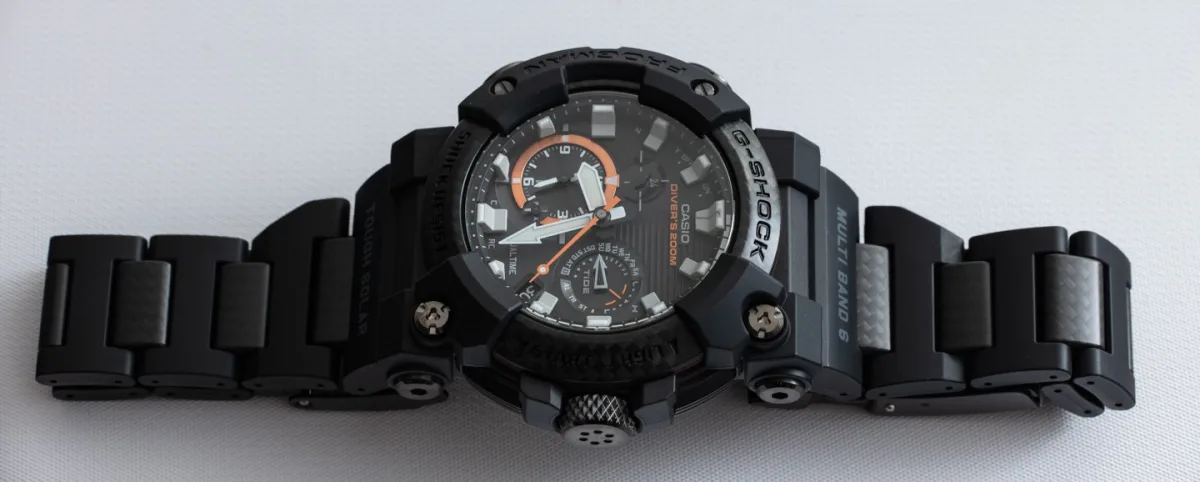Close-up of Casio Frogman GWF-A1000XC-1A case and bezel materials