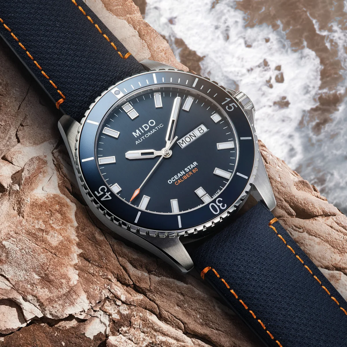 Side view of Mido Ocean Star 200 Red Bull Cliff Diving watch