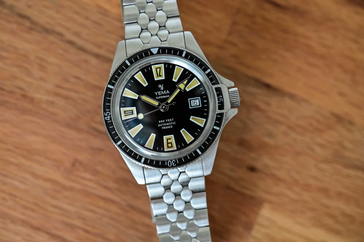 Close-up of Yema Superman Skin Diver watch face
