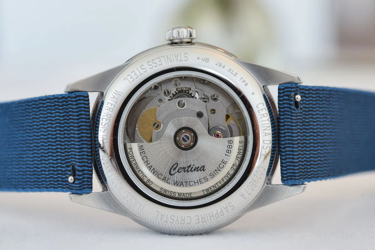 View of the Certina DS-1 Powermatic 80 movement through case back