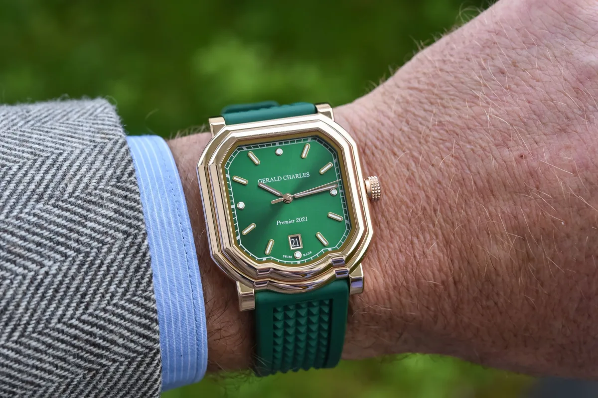 Close-up of emerald green dial and rose gold case