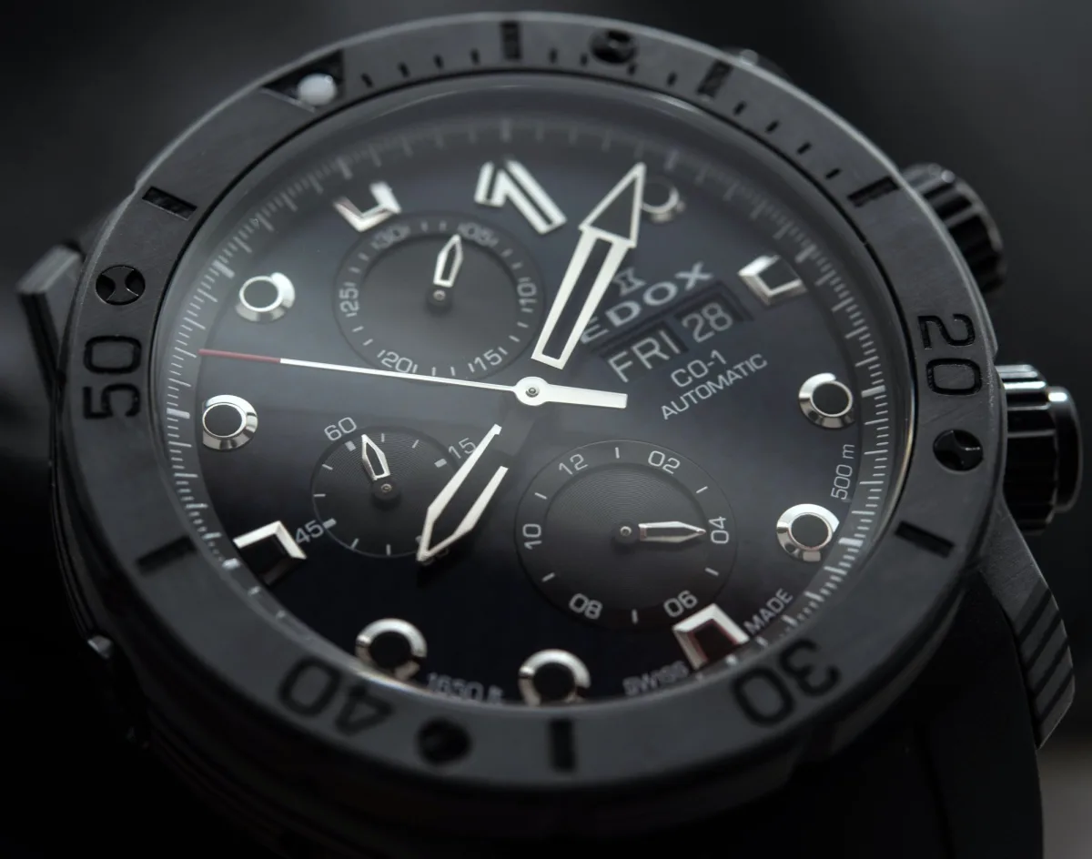 Edox CO-1 Carbon Chronograph hands and indices