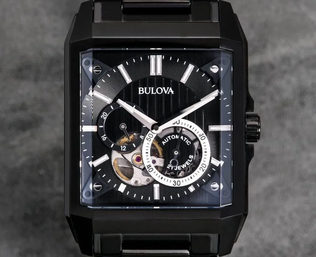 Bulova 98A180 with rectangular shape and synthetic sapphire