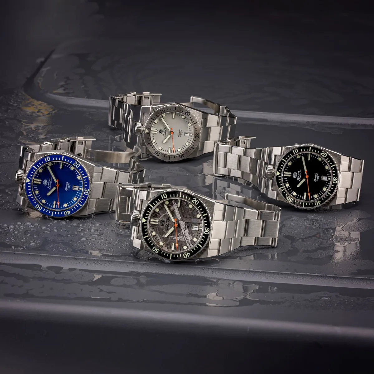 Close-up of Narval watch with unique crown placement