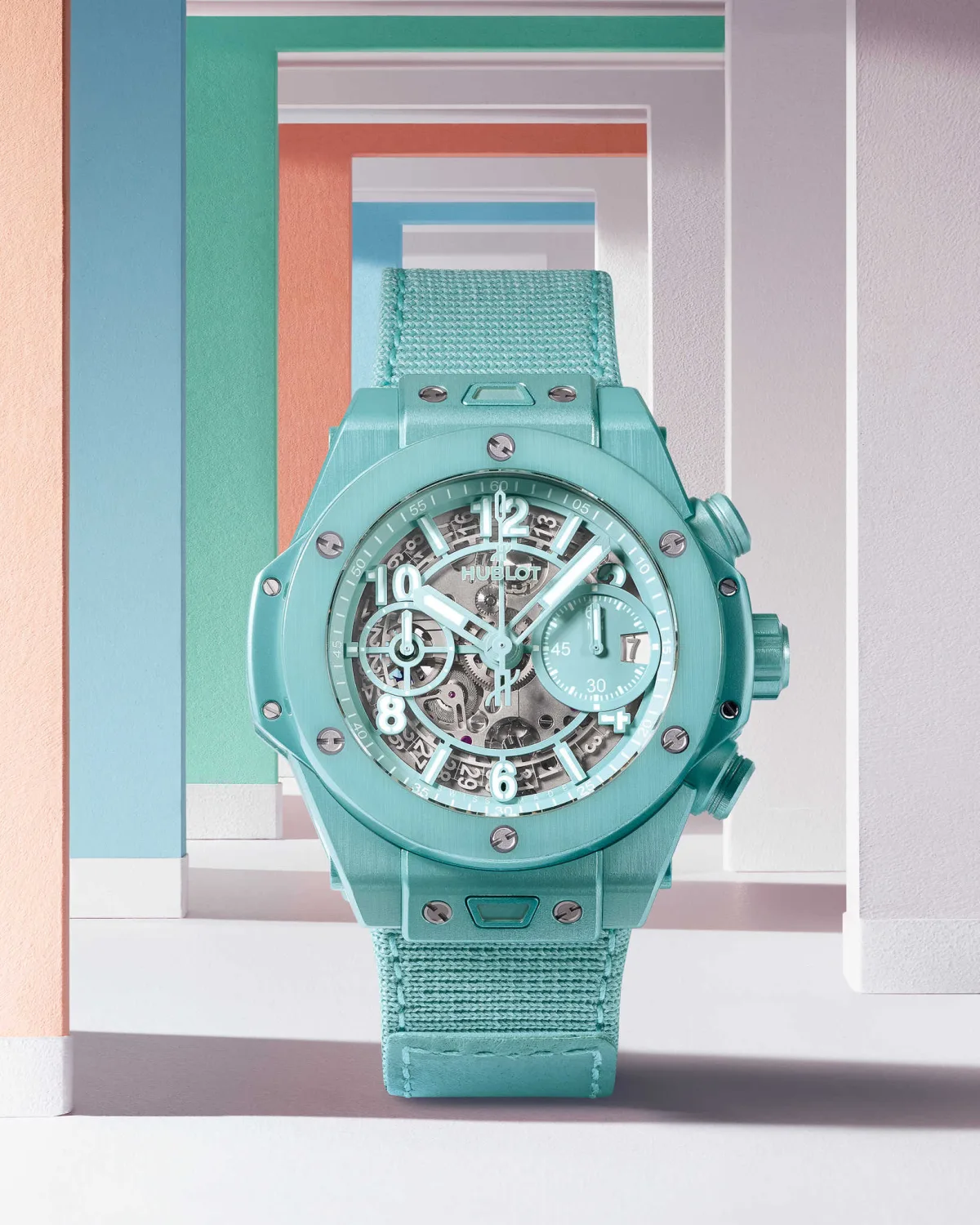 Hublot Big Bang Unico in turquoise aluminum on display