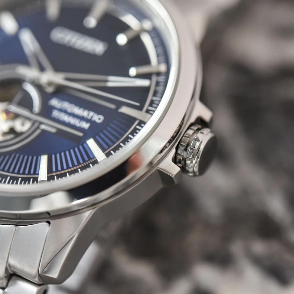 Close-up of Citizen Super Titanium mechanical watch