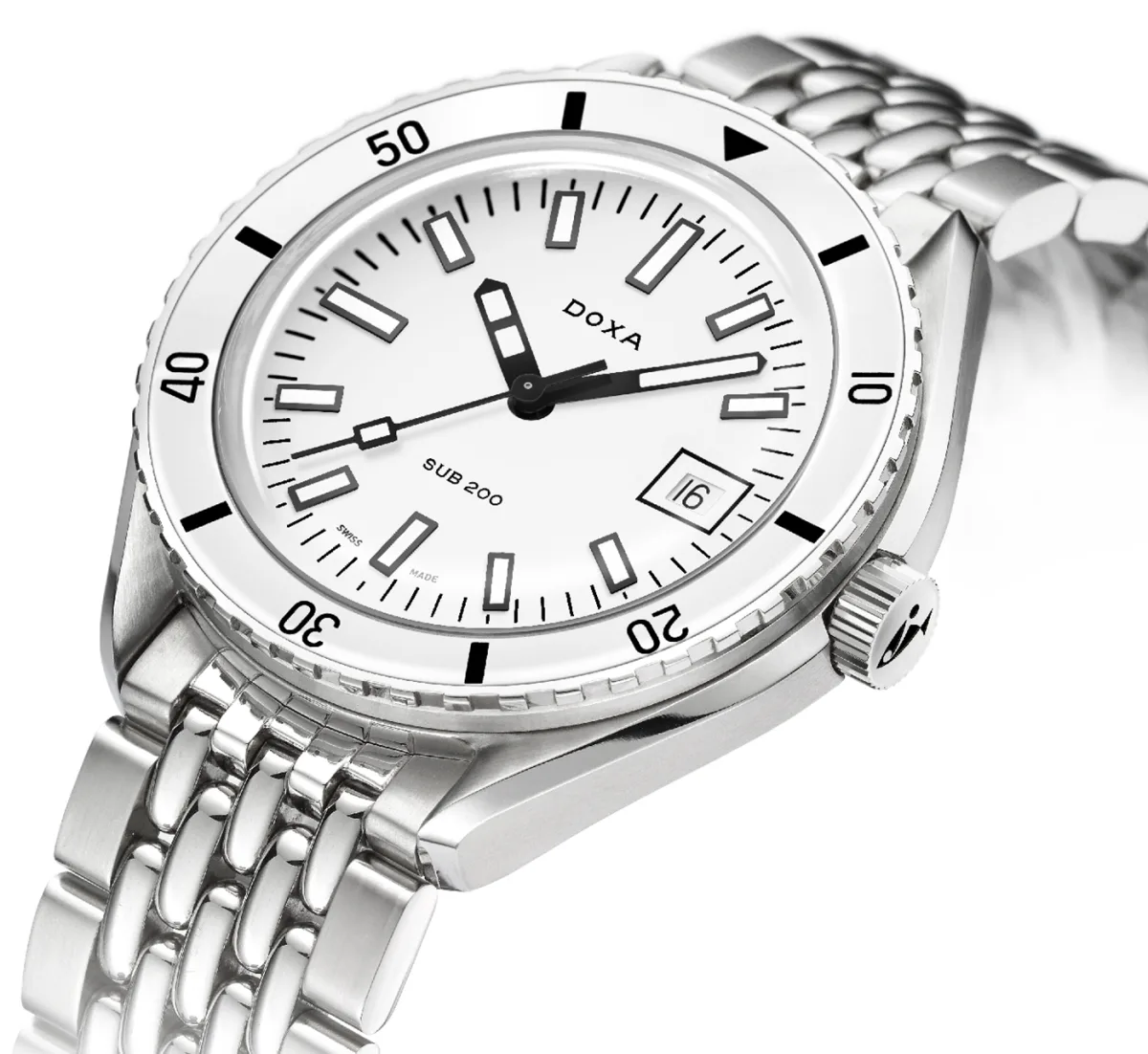 Doxa Sub 200 Whitepearl watch with white dial and stainless steel case