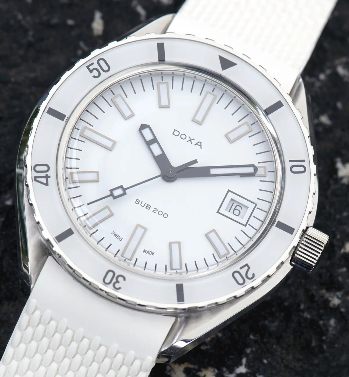 Close-up of Doxa Sub 200 Whitepearl dial with black markings