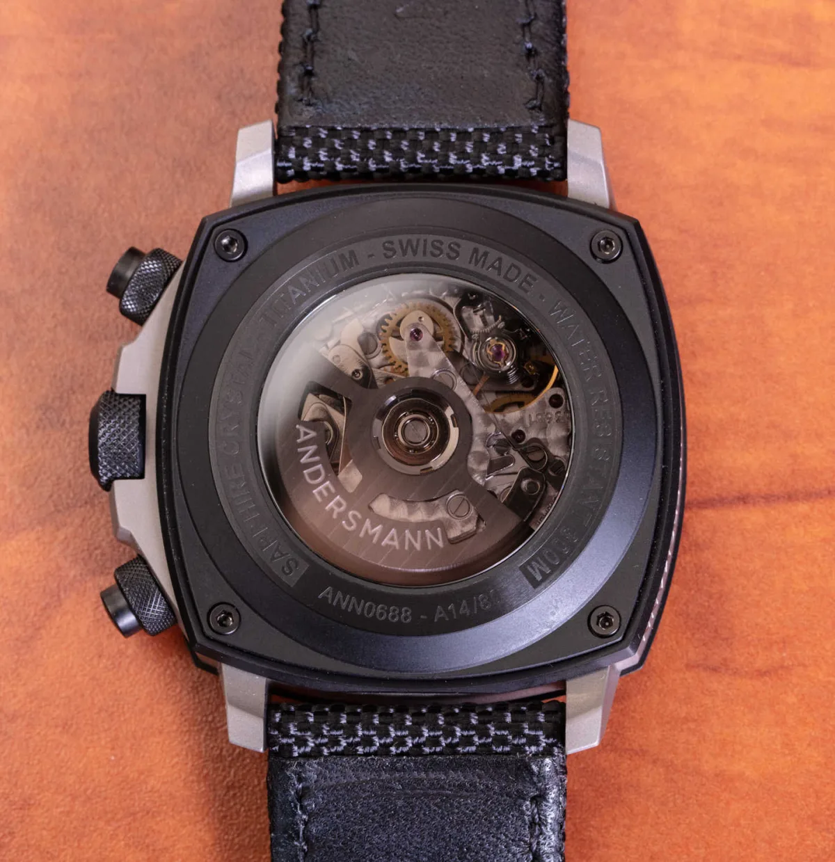 Close-up of Andersmann Chronograph DLC dial and hands