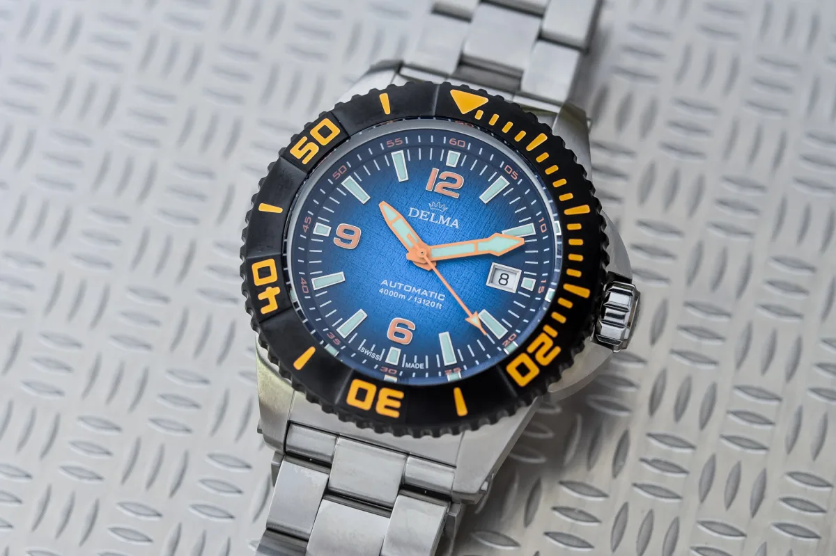 Delma Blue Shark III Azores watch close-up on dial