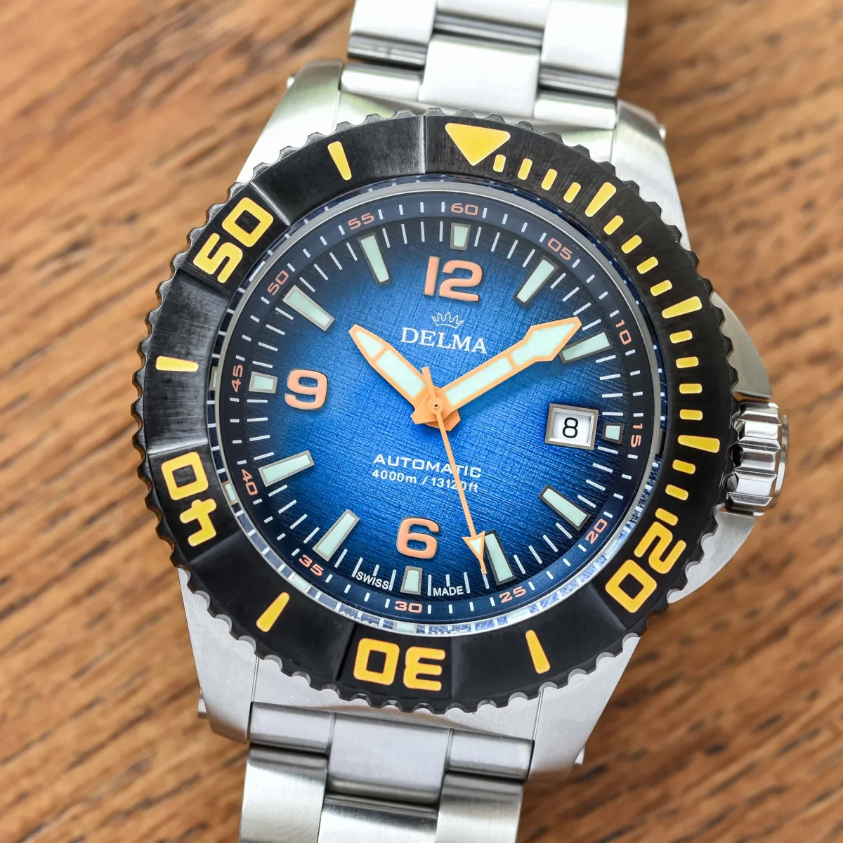 Delma Blue Shark III Azores on wrist, showcasing size