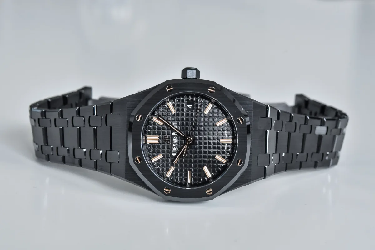 Close-up of Audemars Piguet Royal Oak 34mm black ceramic case