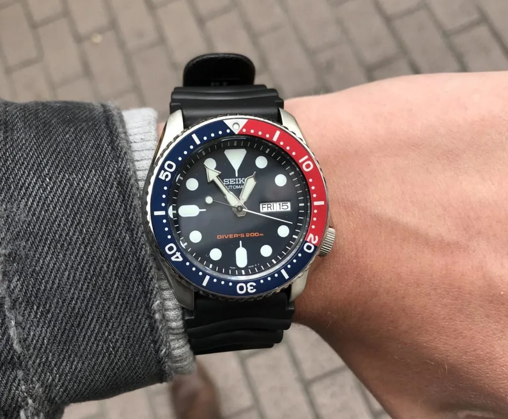Seiko SKX009 watch with Pepsi-style bezel and luminous markers