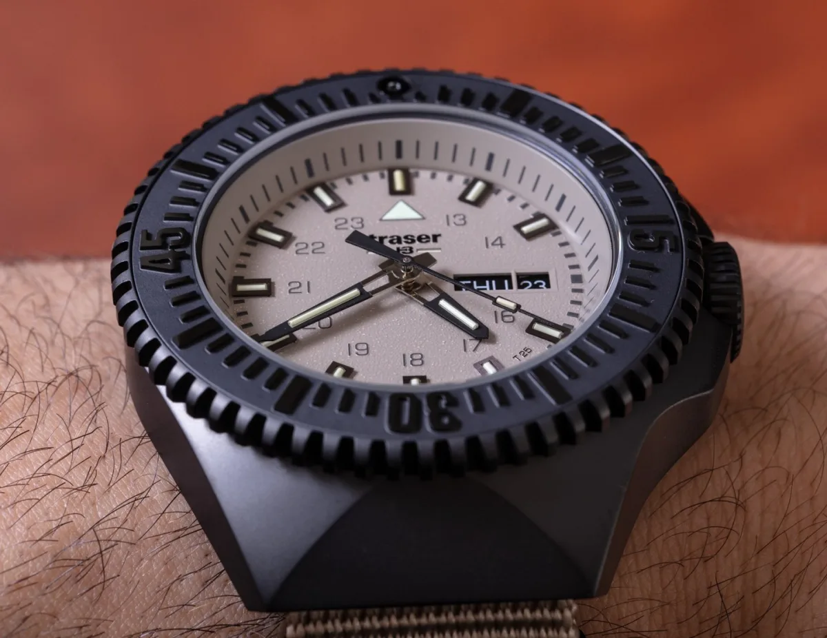 Side view of Traser P69 Black Stealth with crown