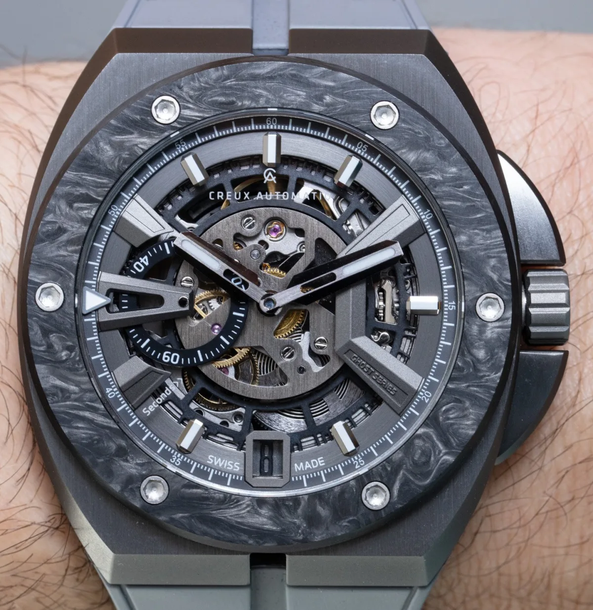 Close-up of Creux Automatiq Ghost V3 Mono skeletonized movement