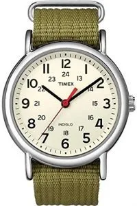 Timex Weekender T2N651 watch with olive nylon strap