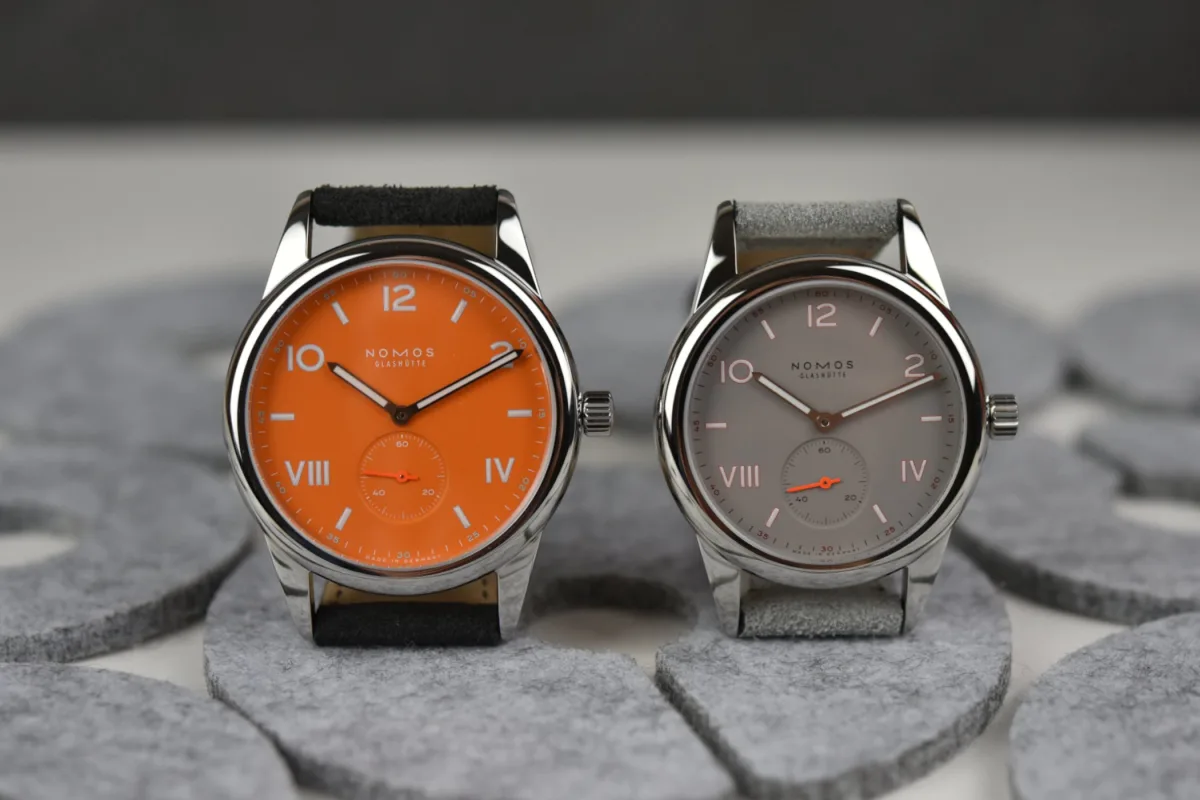 Nomos Club Campus Absolute Grey and Future Orange watches