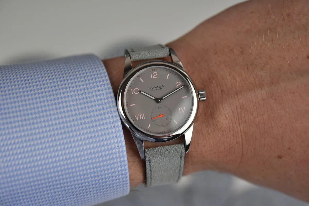 Close-up of Nomos Club Campus watch face