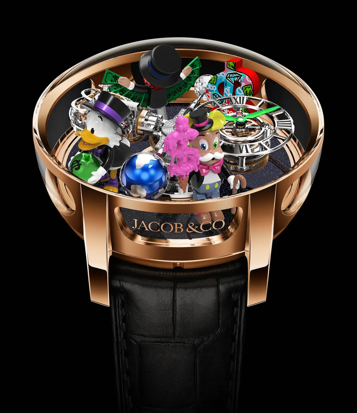 Close-up of Alec Monopoly themed figures on the watch