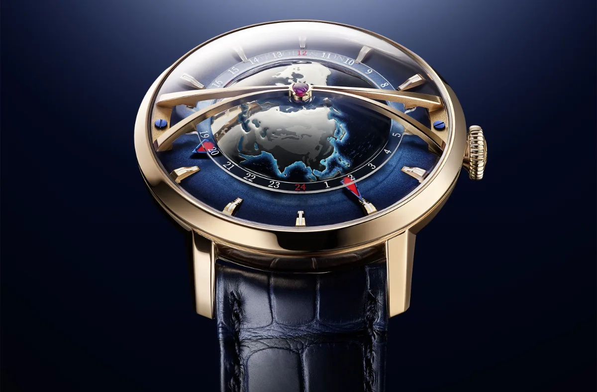 Arnold & Son Globetrotter in red gold with blue dial