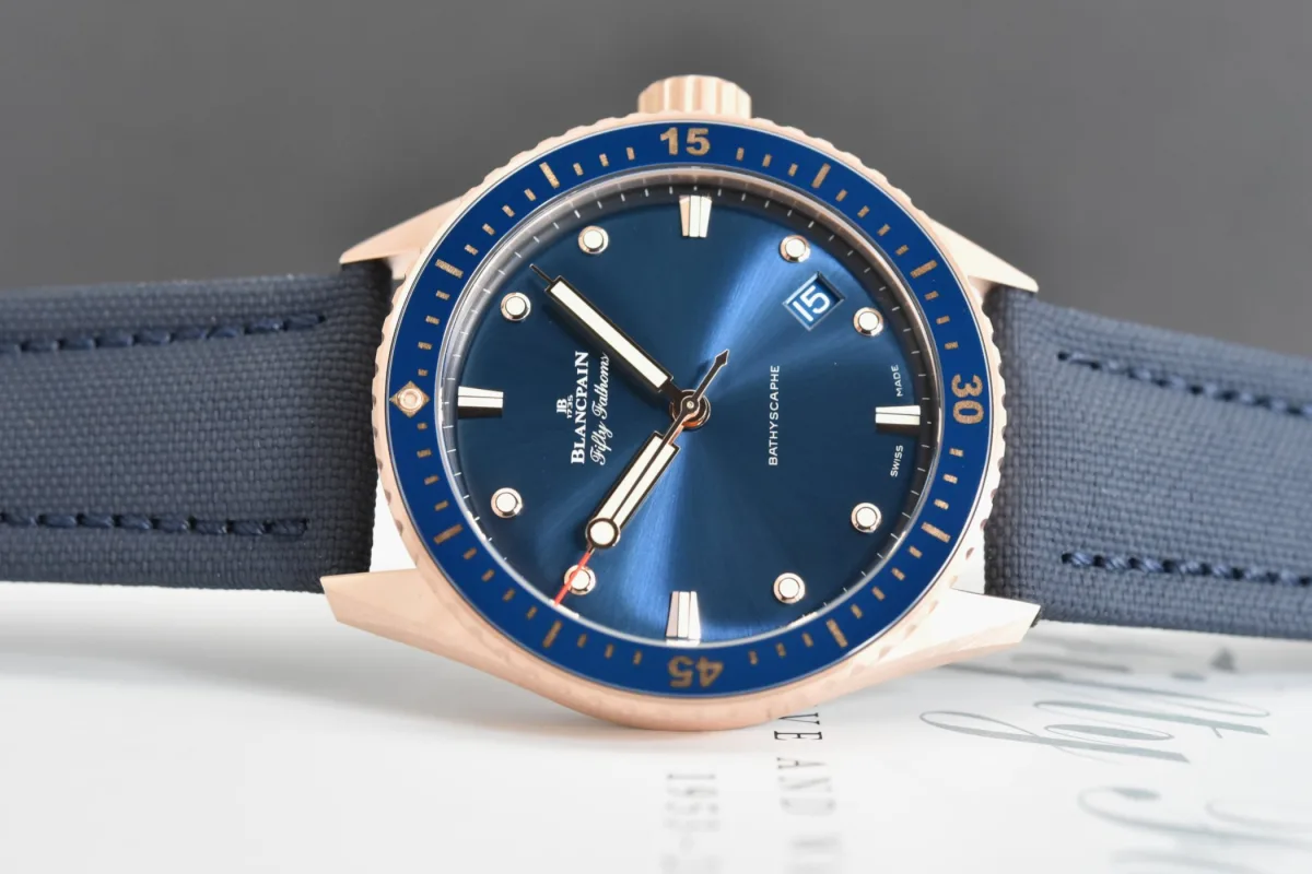 Close-up of the Blancpain Bathyscaphe's blue ceramic bezel