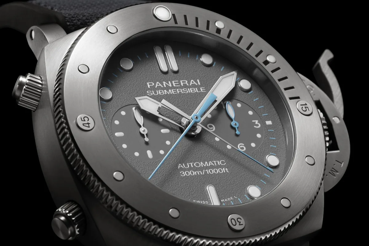 Dial of Panerai Submersible Chrono Flyback - J. Chin Edition showing icy blue accents