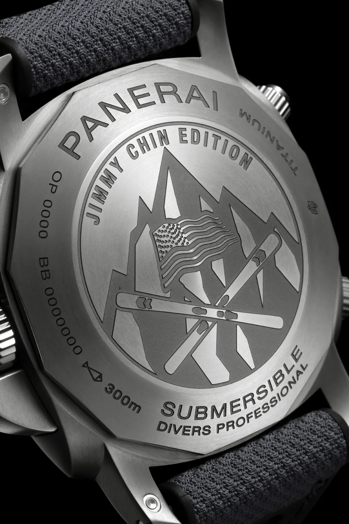 Back view of Panerai Submersible Chrono Flyback - J. Chin Edition showing engraving