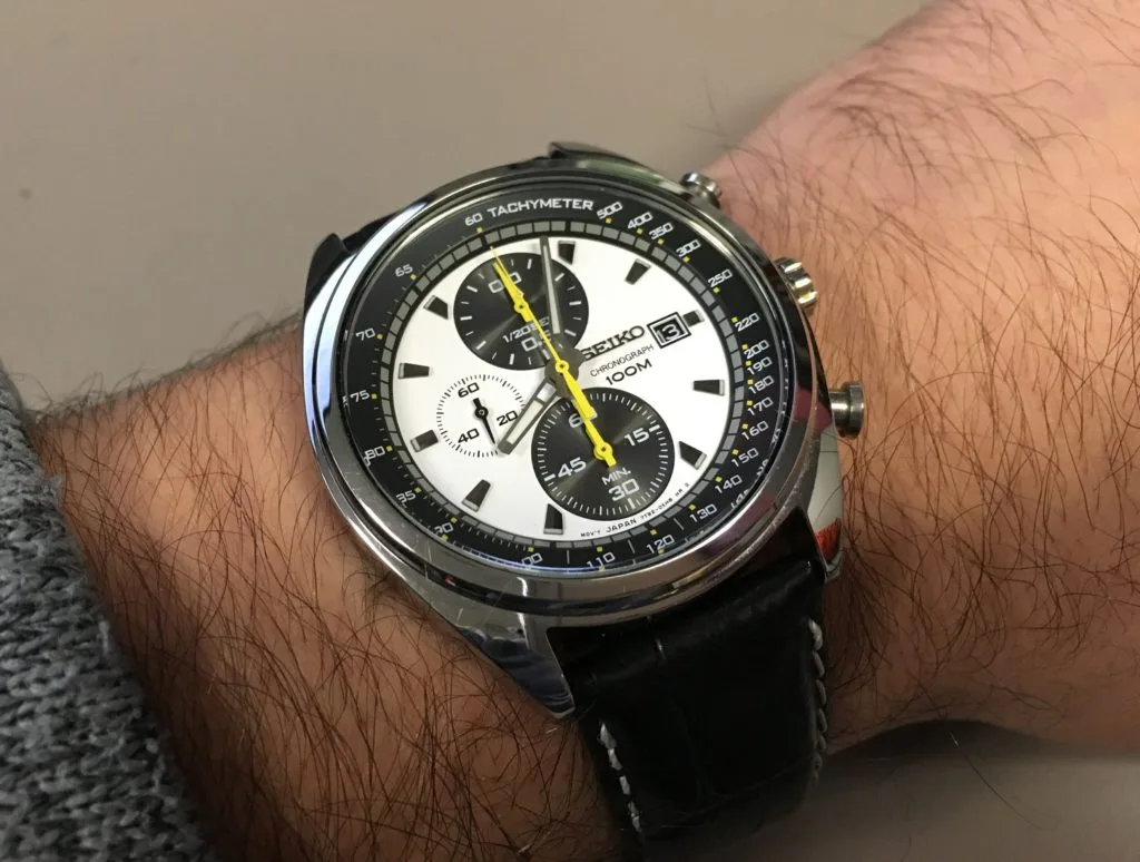 Seiko SNDF93 watch with yellow-accented panda dial